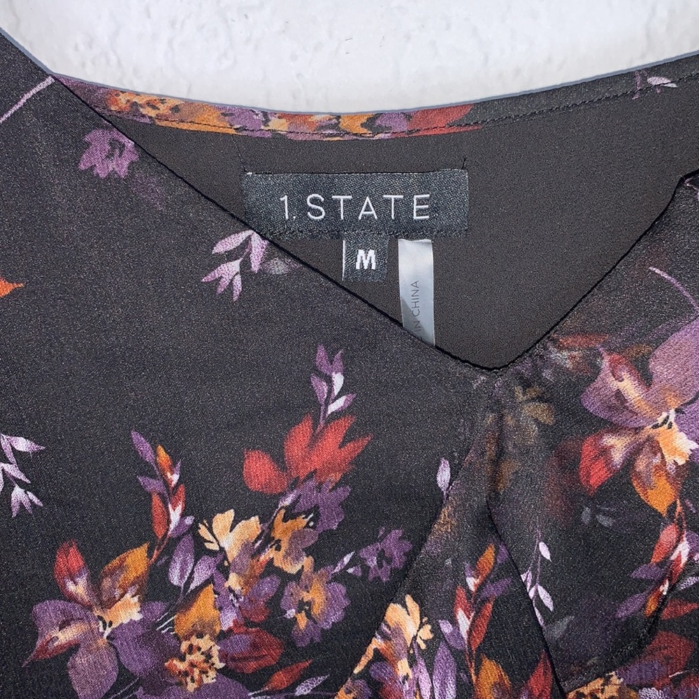 1.STATE Black Wildflower Ruffle Midi Dress Sleeveless V Neck Lined Size Medium - Picture 10 of 15